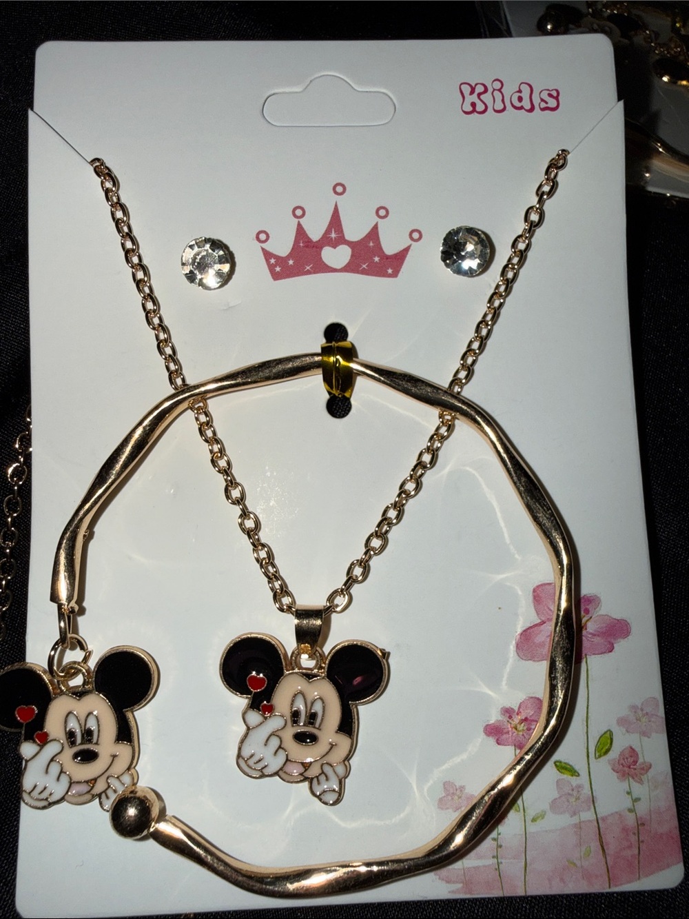 Kids Gold-Tone Mouse Pendant Necklace and Bracelet Set - Pink Accent